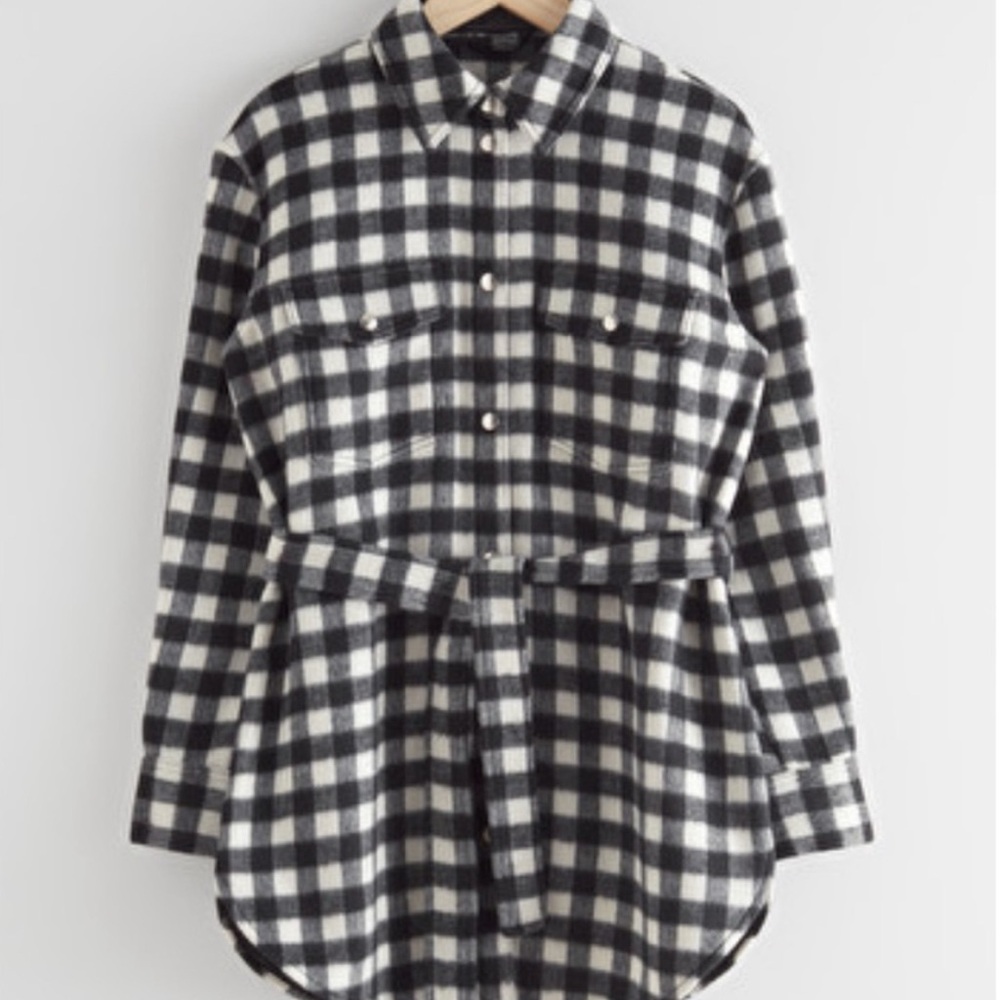 & Other Stories check gingham longline belted shacket  Black and White Plaid